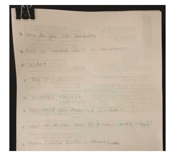 A flip chart listing the session’s activities